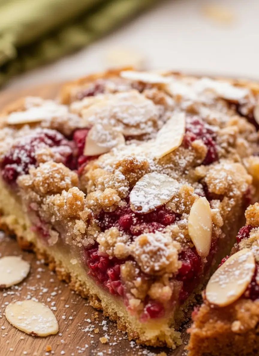 A close-up shot of the raw ingredients for Raspberry Almond Crumb Cake on a wooden cutting board: a pile of fresh, red raspberries, a bowl of slivered almonds, cubes of cold butter, and a mixing bowl with dry ingredients (flour, sugar). The scene is set on a marble countertop with warm tones, illuminated by natural morning light. No hands or people visible.