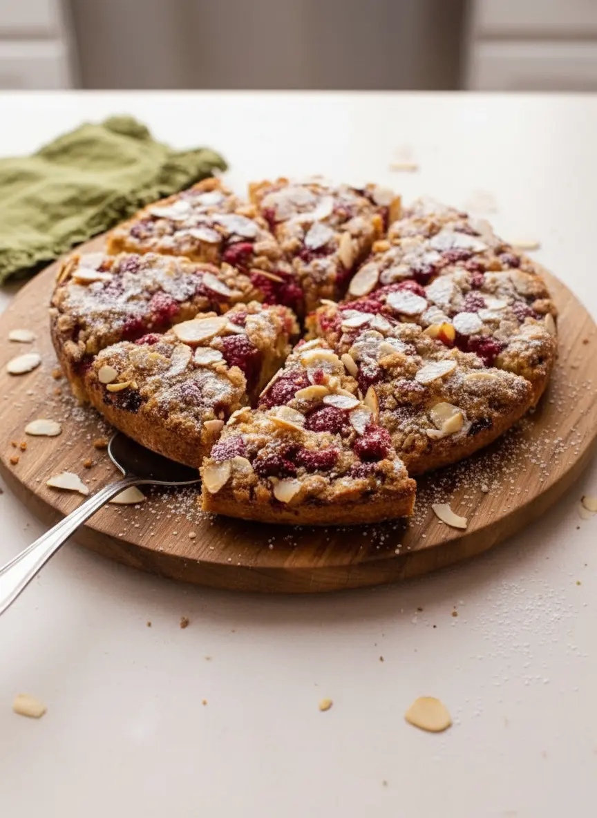 A process shot of the Raspberry Almond Crumb Cake batter in a ceramic bowl, with a wooden spoon gently folding in fresh raspberries. A golden streusel mixture with slivered almonds is in a separate small bowl nearby. The setting is a clean marble countertop, bathed in soft, natural morning light, with warm tones and soft shadows.