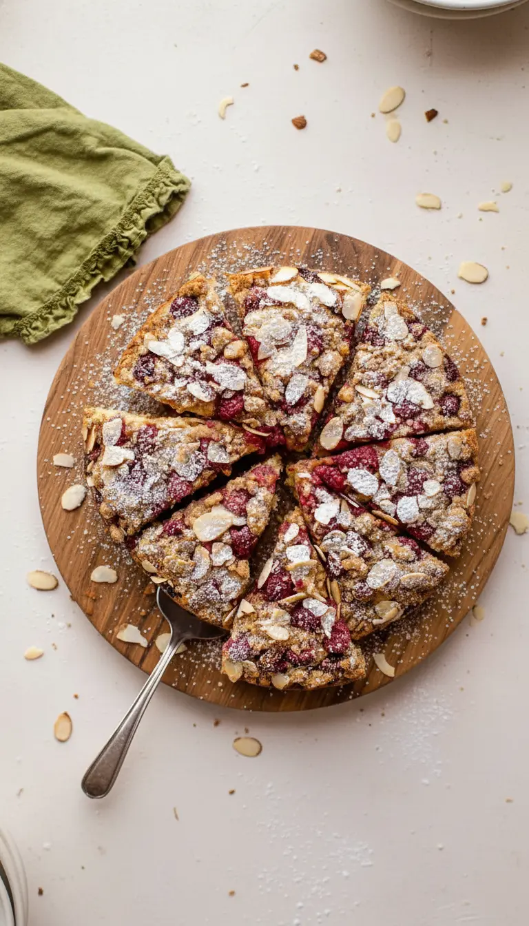 A slice of Raspberry Almond Crumb Cake presented on a minimalist white plate, showing the moist almond cake base, the juicy embedded raspberries, and the crispy, golden almond streusel topping, lightly dusted with powdered sugar. A small sprig of fresh mint is delicately placed next to it. The plate is on a marble countertop under natural morning light.