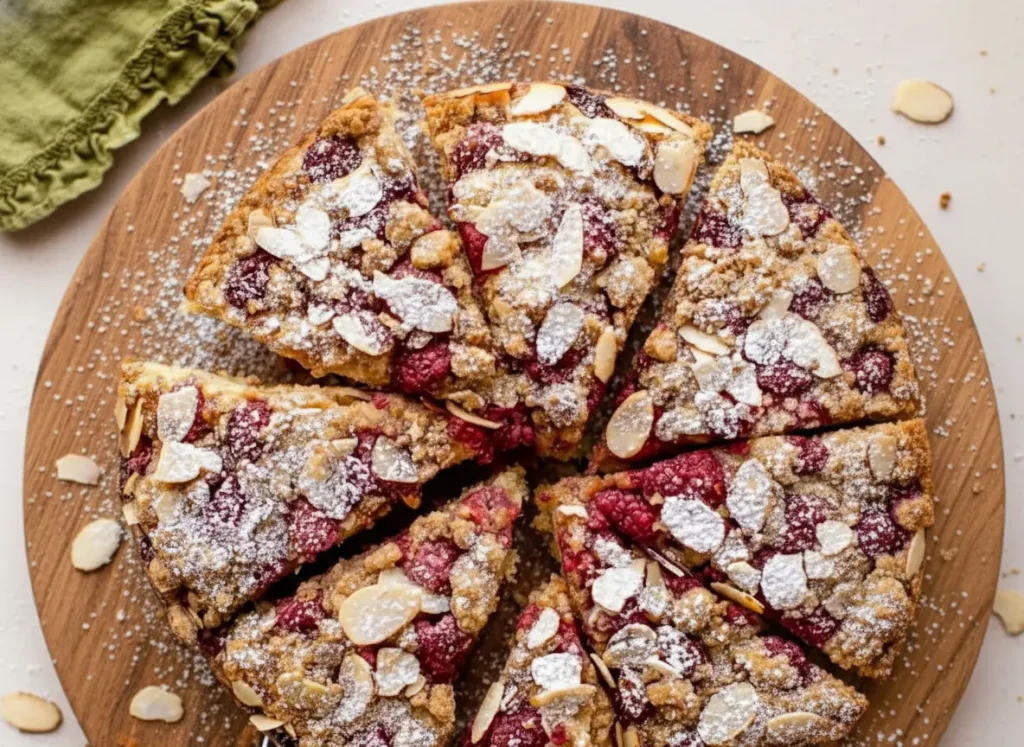 A top-down shot of a whole Raspberry Almond Crumb Cake, beautifully sliced into wedges on a minimalist white plate, generously topped with vibrant fresh raspberries, golden almond slivers, and a delicate dusting of powdered sugar. The cake sits on a marble countertop with subtle wood accents in the soft, natural morning light from an east window. Soft shadows enhance the texture of the crumb. The presentation is clean and tidy.