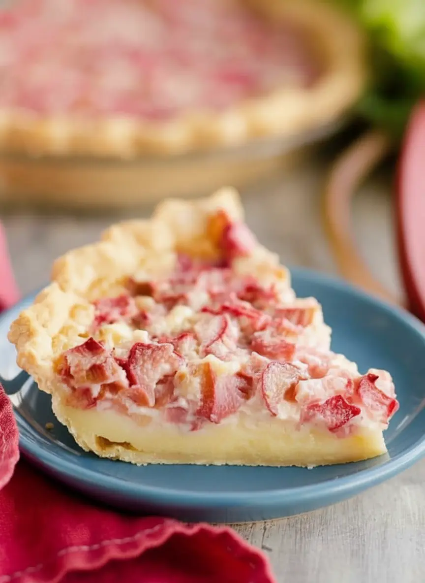 Fresh pink and red rhubarb stalks, eggs, a bowl of granulated sugar, and a small glass of cream neatly arranged on a wooden cutting board on marble countertops. Natural morning light highlights the vibrant colors and fresh quality of the ingredients for Rhubarb Custard Pie preparation. Soft shadows and warm tones. (3:4 ratio)