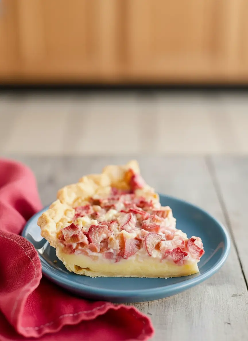 A ceramic bowl filled with the creamy, pale yellow custard mixture, studded with diced pink and red rhubarb pieces, ready to be poured into a blind-baked golden pie crust set on marble countertops. The scene is bathed in natural morning light from an east window, with a sense of warm tones and a tidy preparation space. (3:4 ratio)