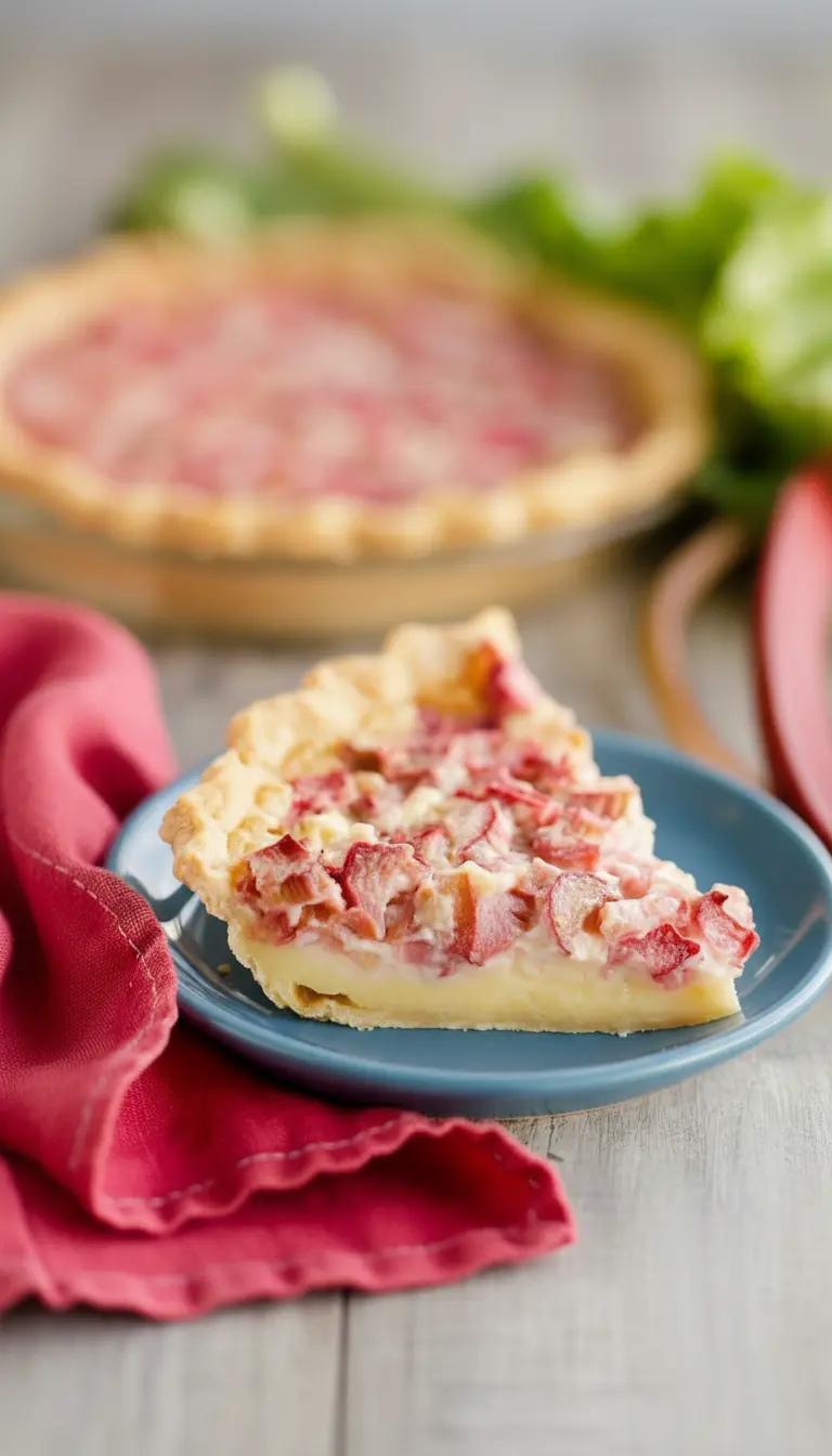 An extreme close-up of a generous slice of Rhubarb Custard Pie on a minimalist white plate, revealing the intricate texture of the golden-brown, flaky crust, the smooth, pale yellow custard base, and the tender, vibrant pink-red chunks of rhubarb. Natural morning light creates gentle highlights and shadows, emphasizing the delicious layers. (3:4 ratio)