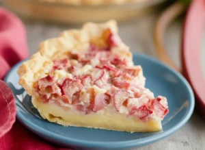 A perfectly sliced Rhubarb Custard Pie on a minimalist white plate, showcasing its golden flaky crust, creamy pale yellow custard, and visible diced pink and red rhubarb pieces on top. In the soft-focused background, the full pie sits on a wooden trivet. Natural morning light from an east window illuminates the scene, casting soft shadows on marble countertops. A hint of a red napkin and fresh green rhubarb stalks are visible, maintaining a clean and tidy presentation. (4:3 ratio)