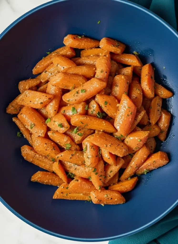 Roasted Carrots with Mustard Vinaigrette A rustic wooden cutting board with freshly peeled and chopped carrots, a small bowl of minced garlic, a bottle of olive oil, and a bunch of fresh parsley and dill in the background. All arranged on a marble countertop bathed in soft morning light, with warm tones. (3:4 ratio)