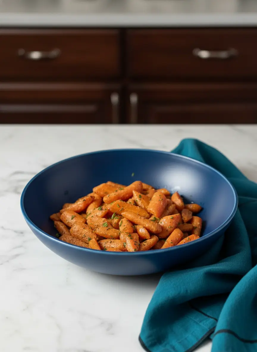 A close-up of carrots spread in a single layer on a parchment-lined baking sheet, just out of the oven, showing slight caramelization. A small whisk in a ceramic bowl with the vinaigrette ingredients being emulsified, light streaming from an east window creating soft shadows on the marble countertop. (3:4 ratio)