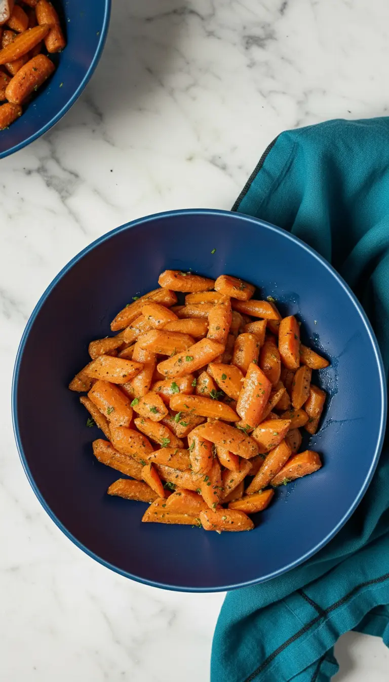 A close-up shot of the roasted carrots on a white minimalist plate, capturing the tender-crisp texture and the vibrant green of the herbs, with a subtle sheen from the vinaigrette. The background is softly blurred, showing a hint of wooden accents and fresh herbs in a small ceramic pot, illuminated by warm natural light. (3:4 ratio)
