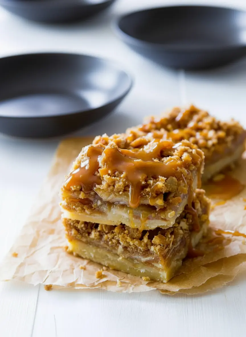A clean shot of all the unmixed ingredients for Salted Caramel Apple Pie Bars on a light wooden cutting board on a marble countertop. Bowls of cubed cold butter, sliced green and red apples, flour, oats, granulated sugar, brown sugar, and various spices arranged aesthetically. Natural morning light from an east window creates gentle highlights and soft shadows. Fresh herbs are subtly visible in the blurred background. (3:4 ratio)