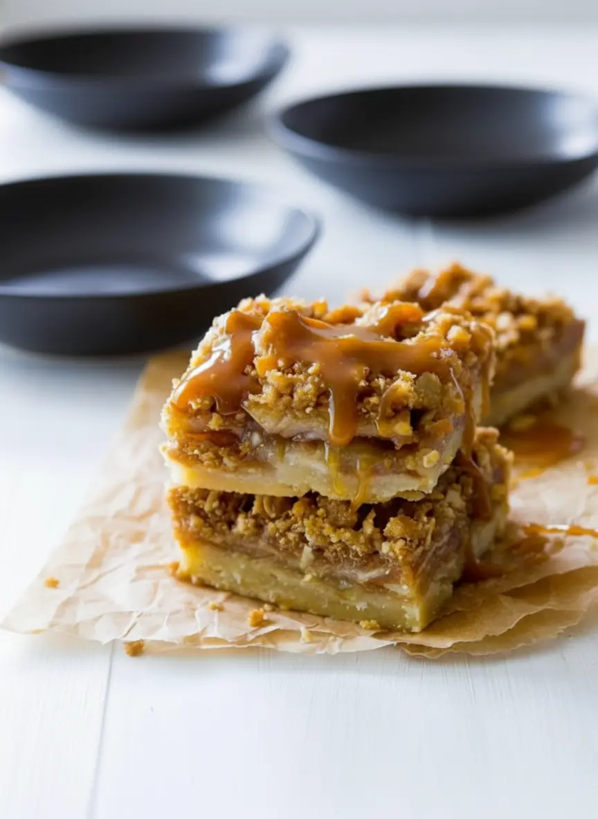 A close-up shot of the unbaked Salted Caramel Apple Pie Bars in a parchment-lined 8x8 inch baking pan on a marble countertop. The layers are visible: the pressed shortbread crust at the bottom, topped with spiced apple slices, and a generous, chunky oat crumble topping sprinkled over. The scene is bathed in natural morning light, creating soft textures. The same wooden cutting board is nearby. (3:4 ratio)