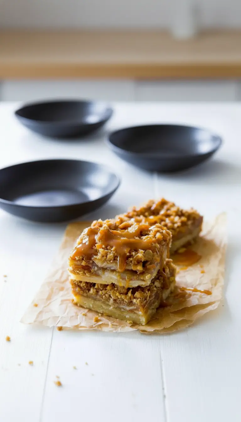 A single Salted Caramel Apple Pie Bar, cut cleanly, sitting on a minimalist white plate on a marble countertop. The side of the bar clearly shows the distinct layers of the golden-brown crust, soft apple filling, and crunchy crumble. A spoon is poised beside it, and a small pool of extra caramel sauce is on the plate. Natural morning light highlights the textures and warm tones. Fresh herbs are in the blurred background. (3:4 ratio)