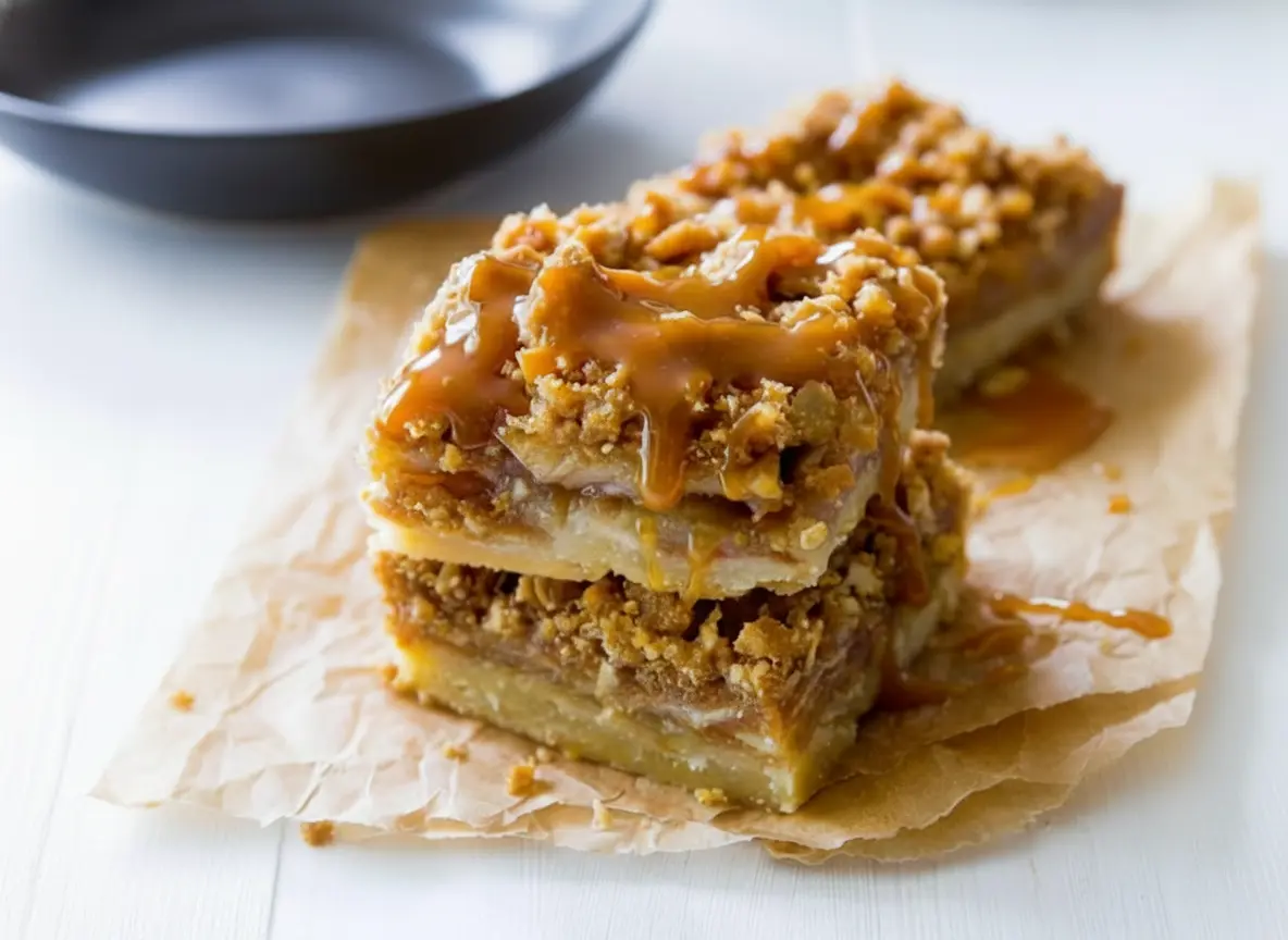A beautiful stack of three Salted Caramel Apple Pie Bars, rich golden caramel generously drizzling down the sides, showcasing the distinct layers of shortbread crust, spiced apple filling, and crumbly oat topping. The bars are on a piece of rustic crumpled parchment paper, centered on a light wooden cutting board, positioned on a bright marble countertop. Natural morning light from an east window casts soft shadows. Fresh green herbs are subtly blurred in the background, adding a touch of life to the clean and tidy presentation, warm tones. (4:3 ratio)