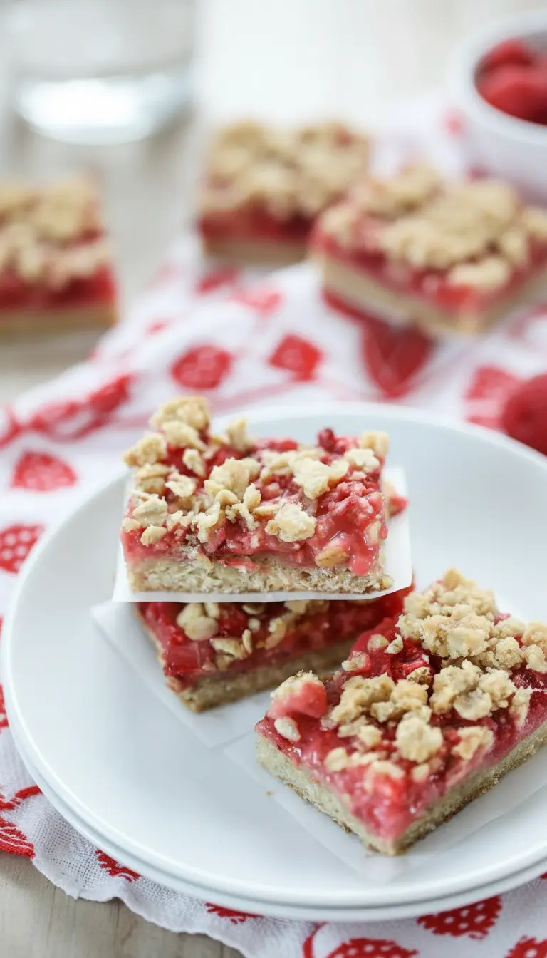 A single Strawberry Rhubarb Bar slice on a minimalist white plate, showcasing the distinct layers of the golden crumb topping, the jammy red strawberry rhubarb filling, and the sturdy shortbread crust. The bar has a slightly irregular, rustic edge, indicating homemade. Fresh herbs are subtly blurred in the background. Natural morning light, soft shadows, warm tones, clean and tidy presentation, no hands or people. (3:4 ratio)