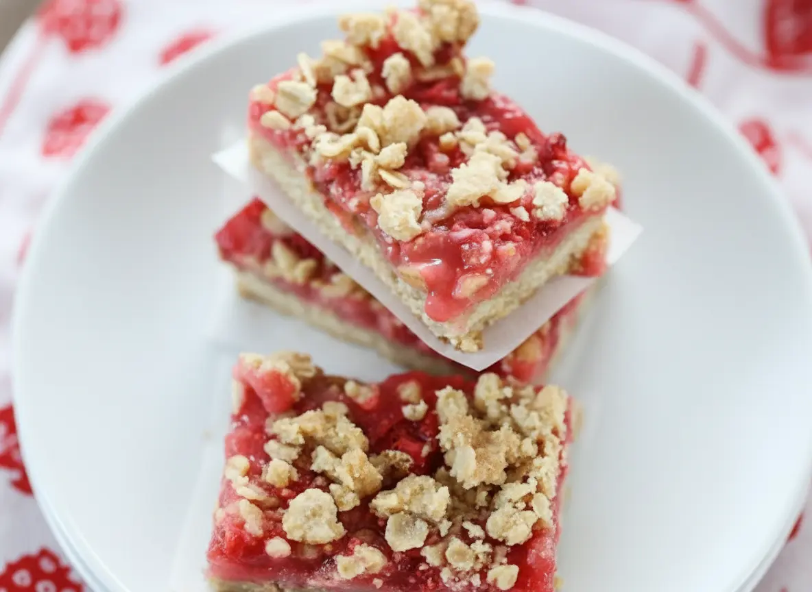 A stack of two square Strawberry Rhubarb Bars with a third bar beside them, all placed on a single light blue ceramic plate with white parchment paper underneath each bar. The bars feature a golden-brown oat crumble topping over a vibrant red strawberry rhubarb filling and a buttery shortbread crust. Shot with natural morning light from an east window, soft shadows, warm tones. Marble countertop with a subtle wood accent in the background. Clean and tidy presentation, no hands or people. (4:3 ratio)