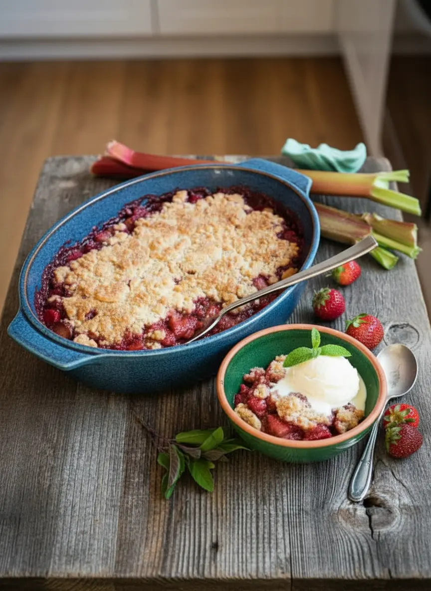 A white rectangular baking dish on a wooden cutting board on a marble countertop, filled with the raw, juicy strawberry and rhubarb fruit mixture, tossed with sugar and flour, just before the crumble topping is added. The mixture is glossy and colorful, ready for the oven, under natural morning light. Soft shadows, warm tones, clean and tidy presentation, with fresh green herbs subtly in the background. (3:4 aspect ratio)