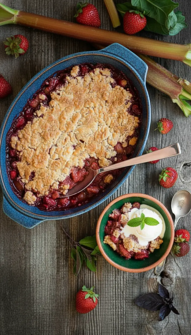 A close-up, high-angle shot of a single serving of Strawberry Rhubarb Cobbler in a minimalist white ceramic bowl, showcasing the golden, crumbly biscuit topping and the rich, red, bubbly fruit filling beneath. A scoop of melting vanilla ice cream sits atop, garnished with a fresh mint leaf. The bowl is on a rustic wooden surface, with soft natural morning light creating warm tones and gentle shadows. Fresh green herbs are blurred in the background, clean and tidy presentation. (3:4 aspect ratio)