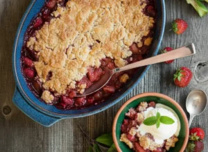 A full, overhead shot of a golden-brown Strawberry Rhubarb Cobbler in a white rectangular Staub baking dish, freshly baked and warm, with a spoonful removed showing the vibrant red, bubbly fruit filling. Next to it, a small minimalist white ceramic bowl holds a serving of the cobbler with a scoop of melting vanilla ice cream and a fresh mint leaf. The scene is set on a rustic wooden surface with hints of a marble countertop in the background, bathed in natural morning light from an east window. Fresh strawberries and rhubarb stalks are casually placed nearby, with subtle fresh herbs in the background. Soft shadows, warm tones, clean and tidy presentation. (4:3 aspect ratio)
