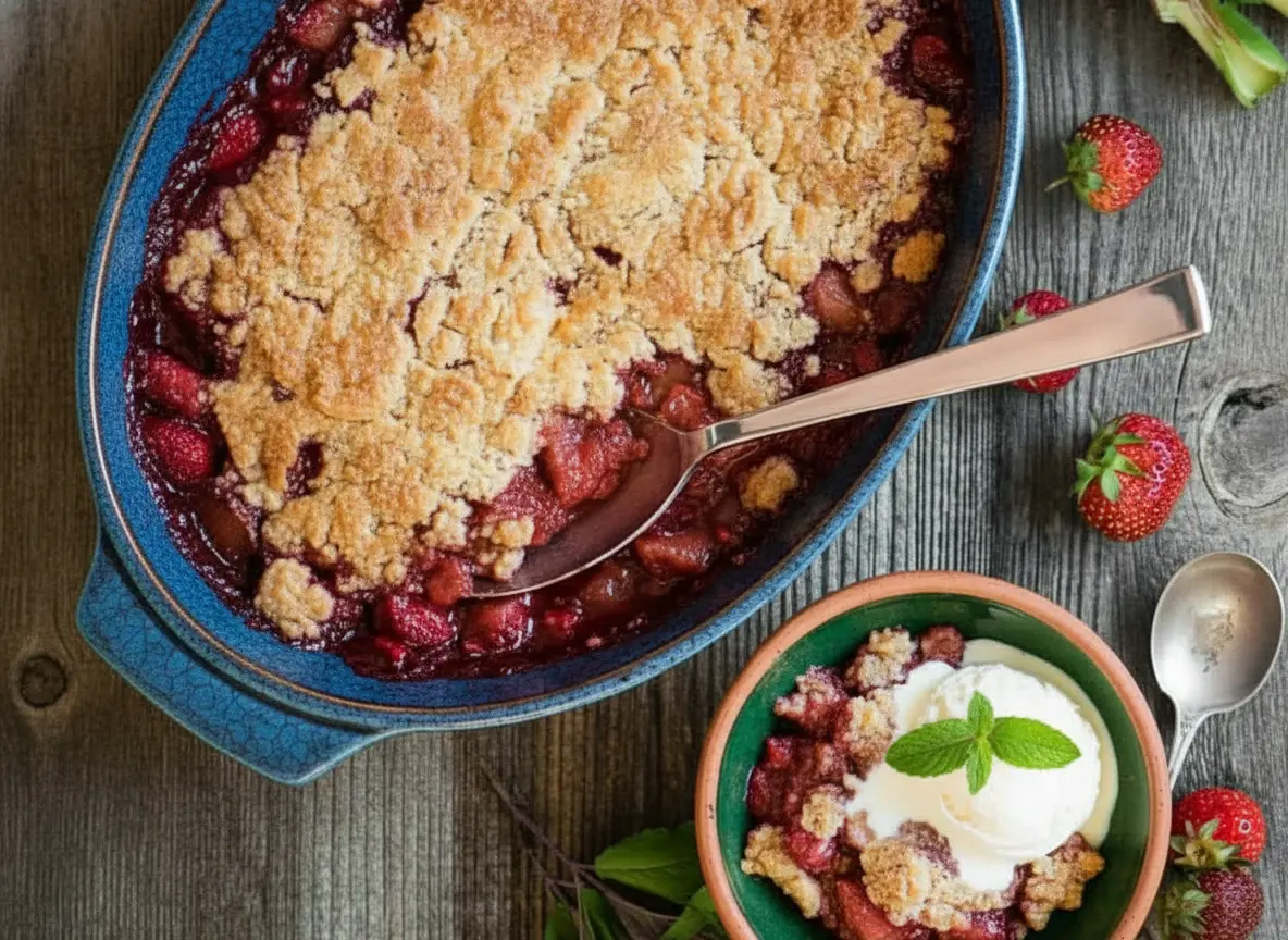 A full, overhead shot of a golden-brown Strawberry Rhubarb Cobbler in a white rectangular Staub baking dish, freshly baked and warm, with a spoonful removed showing the vibrant red, bubbly fruit filling. Next to it, a small minimalist white ceramic bowl holds a serving of the cobbler with a scoop of melting vanilla ice cream and a fresh mint leaf. The scene is set on a rustic wooden surface with hints of a marble countertop in the background, bathed in natural morning light from an east window. Fresh strawberries and rhubarb stalks are casually placed nearby, with subtle fresh herbs in the background. Soft shadows, warm tones, clean and tidy presentation. (4:3 aspect ratio)