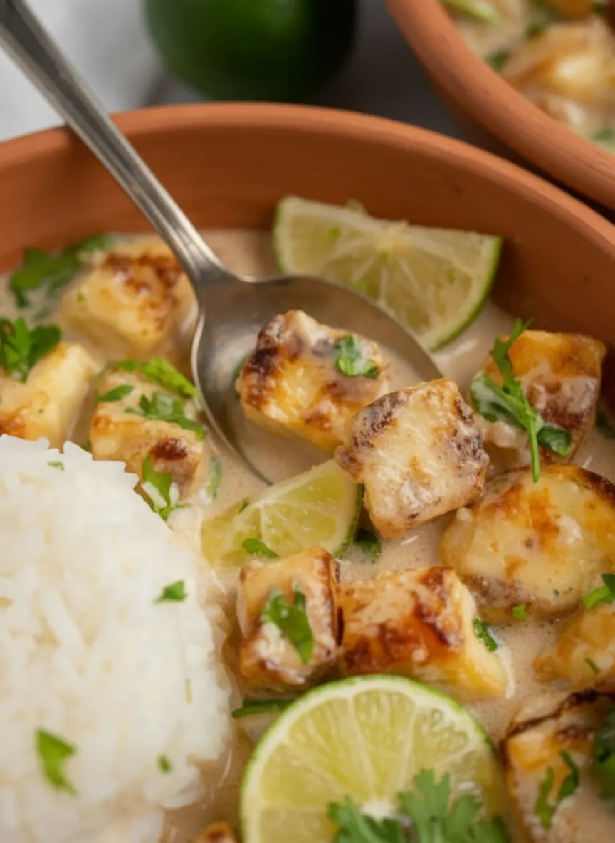 Close-up of prepped ingredients: firm tofu block on a wooden cutting board, a can of full-fat coconut milk, fresh limes, a bunch of cilantro, grated ginger, minced garlic, and sliced shallots, all neatly arranged on a marble countertop under natural morning light. Soft shadows, warm tones, clean and tidy presentation. No hands or people. (3:4 ratio)
