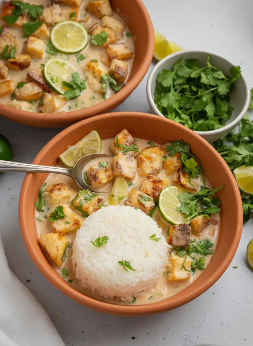 Process shot showing golden-brown, crispy tofu cubes being gently returned to a simmering creamy coconut lime sauce in a skillet. The sauce has a light orange/beige color with specks of aromatics. Fresh cilantro and lime wedges are ready for addition next to the pan on a marble countertop with wood accents. Natural morning light, soft shadows, warm tones, clean and tidy. No hands or people. (3:4 ratio)