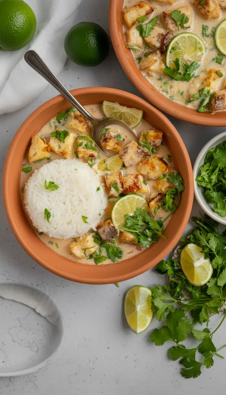 Serving shot of the creamy coconut lime tofu with white jasmine rice in a minimalist white ceramic bowl, garnished generously with fresh cilantro and vibrant lime wedges. A spoonful of the dish is being lifted, highlighting the creamy sauce and perfectly cooked tofu. The scene is set on a marble countertop with a hint of a wooden cutting board in the background, bathed in natural morning light, creating soft shadows and warm tones. No hands or people. (3:4 ratio)