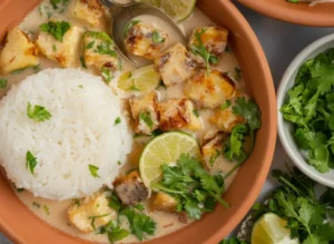 Overhead shot of a minimalist white ceramic bowl filled with creamy coconut lime tofu and a scoop of white jasmine rice. The golden-brown tofu cubes are coated in a light orange/beige sauce, garnished with vibrant fresh cilantro and bright lime wedges. A silver spoon is resting in the dish. In the background, a small ceramic bowl of chopped cilantro and a dark pan containing more of the dish are visible. Scattered fresh lime slices and cilantro sprigs are on the clean marble countertop with subtle wood accents. Natural morning light creates soft shadows and warm tones. No hands or people. (4:3 ratio)