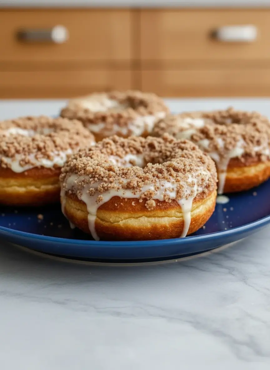 Process shot of making Baked Coffee Cake Donuts with Vanilla Glaze: A donut pan filled with golden-brown donut batter, ready for baking, next to a bowl of streusel topping. The setting is a clean marble countertop under natural light, with a wooden accent visible. No hands. (3:4 ratio)