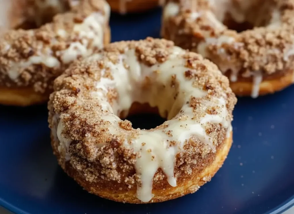 A hero shot of several perfectly golden-brown, ring-shaped Baked Coffee Cake Donuts with Vanilla Glaze, heavily topped with a fine, light brown streusel, arranged artfully on a minimalist white plate. The white vanilla glaze is dripping enticingly down the sides. The scene is bathed in natural morning light from an east window, on a marble countertop with soft shadows and warm tones. No hands.