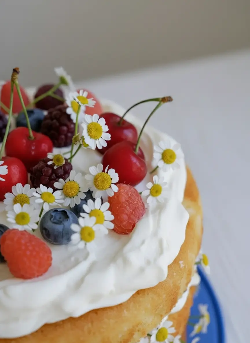A rustic scene on a wooden cutting board with a ceramic bowl of mixed fresh berries (raspberries, blueberries, blackberries, cherries), alongside separated ingredients for a Berries and Cream Cake: a bowl of flour, sugar, eggs, and a carton of cream. Fresh herbs are visible in the background, all bathed in natural morning light on a marble countertop with soft shadows and warm tones. No hands or people visible. (3:4 aspect ratio)