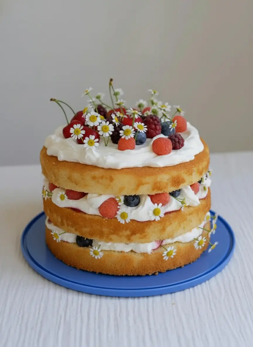 A three-layer Berries and Cream Cake in the process of assembly. One cake layer is on a blue plate, covered with white whipped cream, and a generous scattering of mixed berries. A second cake layer is being carefully placed on top, showing the 'naked cake' technique. The scene is on a marble countertop with natural morning light and soft shadows, and a wooden cutting board with fresh herbs subtly in the background. No hands or people visible. (3:4 aspect ratio)