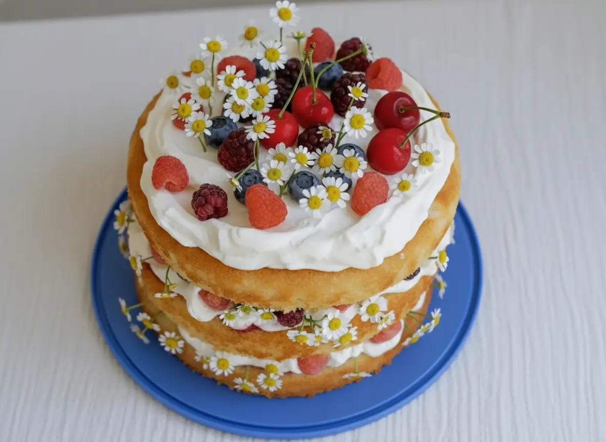 A beautiful three-layer naked Berries and Cream Cake, featuring light vanilla sponge, generous white whipped cream, and a vibrant medley of fresh raspberries, blueberries, blackberries, and cherries. The cake is adorned with small white daisies (chamomile-like flowers) scattered amongst the fruit and around the base, resting on a plain, round royal blue plate. Photographed on a marble countertop with wood accents, bathed in natural morning light from an east window, soft shadows, warm tones, and a clean, tidy presentation. No hands or people visible. (4:3 aspect ratio)