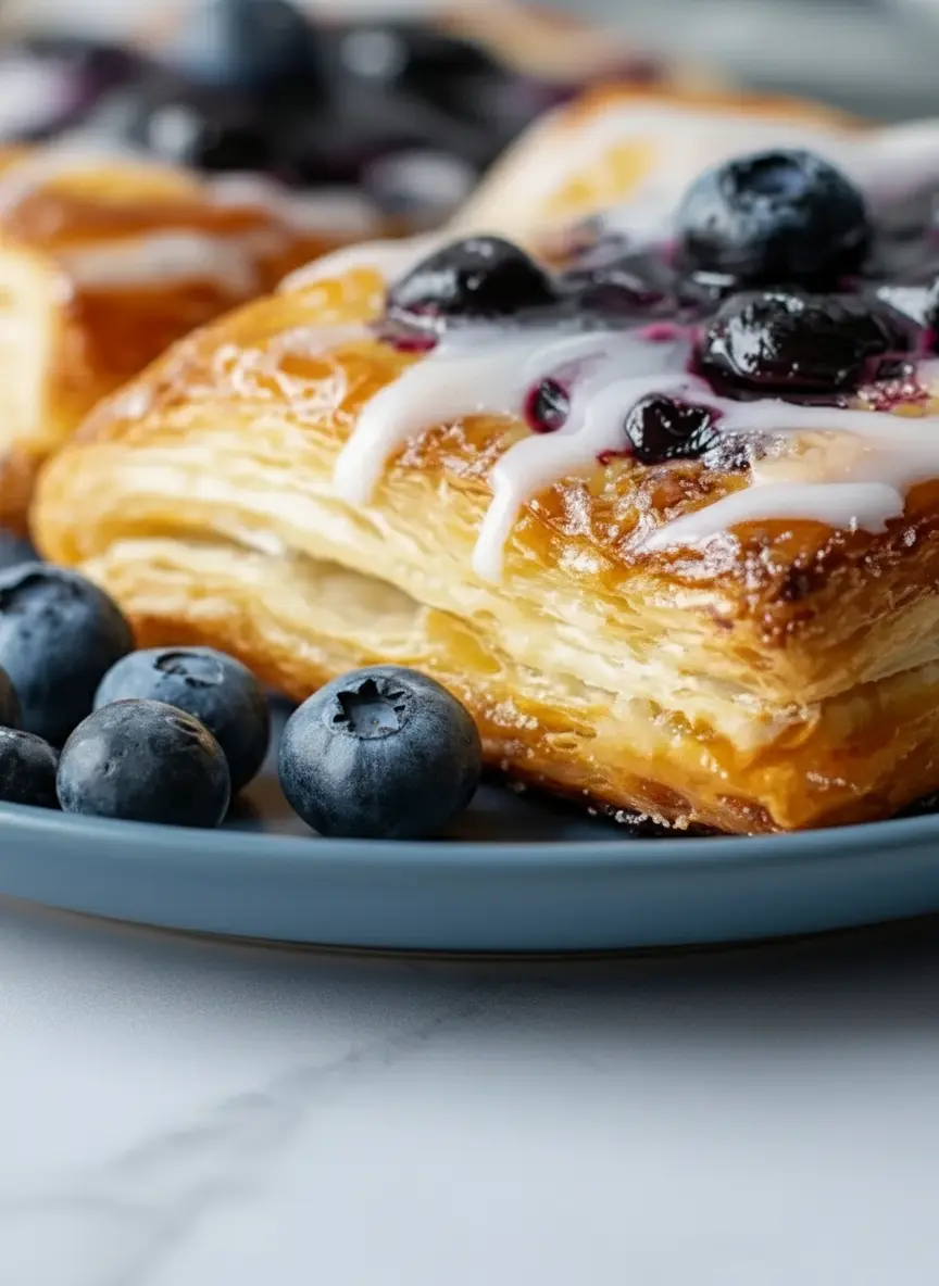 A collection of ingredients for a Blueberry Cream Cheese Danish arranged on a large wooden cutting board over a marble surface. Includes a bowl of vibrant fresh blueberries, a block of cream cheese, a small bowl of yellow lemon zest, and folded sheets of raw puff pastry. Natural morning light, clean and tidy presentation, 3:4 ratio.