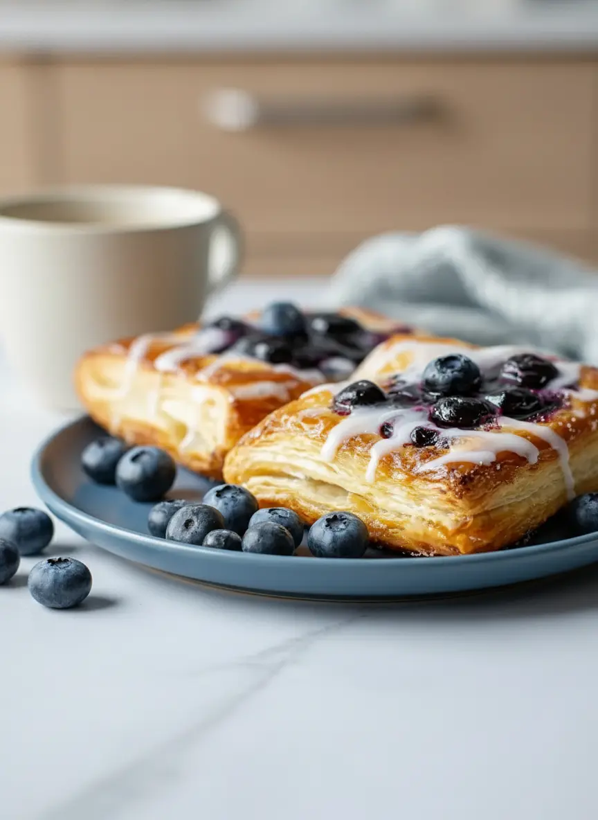 A process shot of a baking sheet lined with parchment paper. Several squares of raw puff pastry are topped with a neat dollop of white cream cheese filling and a spoonful of dark purple blueberry preserves. A few fresh blueberries are placed on top, ready for the oven. No hands visible, soft shadows, 3:4 ratio.