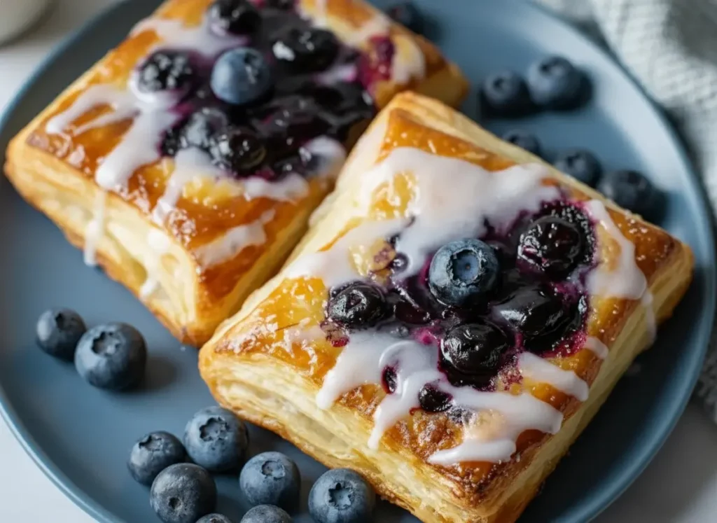 A high-angle hero shot of two square Blueberry Cream Cheese Danishes with perfectly flaky golden-brown puff pastry layers. The centers are filled with deep purple blueberry jam and topped with plump fresh blueberries and a zig-zag drizzle of white icing. They are served on an orange terracotta plate sitting on a white marble countertop. Soft morning light from an east window creates gentle shadows, with a hint of a wooden cutting board and a ceramic coffee mug in the blurred background. Professional food photography, 4:3 ratio.