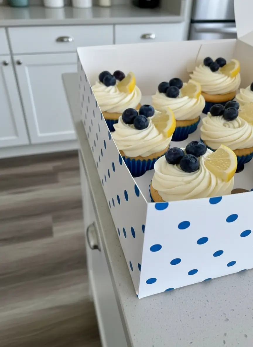 A close-up of a Blueberry Lemon Cupcake being frosted with a piped swirl of white cream cheese frosting. The cupcake is in a fluted paper liner on a cooling rack, set on a marble countertop. The scene is bathed in natural light with soft, warm shadows. (3:4 ratio)