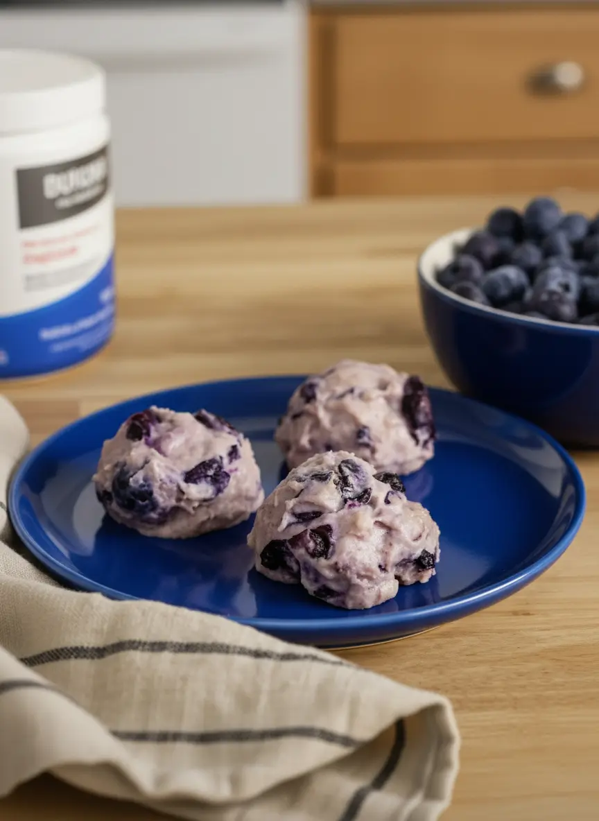 A process shot of a pale lavender-colored cheesecake protein dough being mixed in a white ceramic bowl. Fresh blueberries are partially folded in, creating beautiful deep purple swirls throughout the soft dough. The bowl sits on a rustic wooden cutting board with soft morning shadows stretching across the marble kitchen surface.