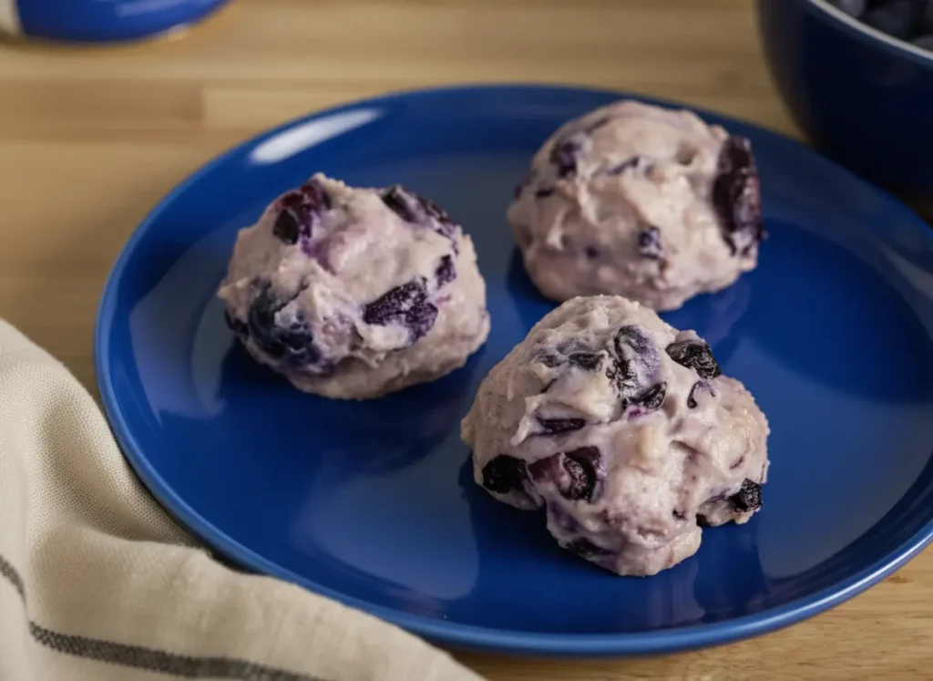 A close-up photograph of four pale purple, soft blueberry protein cheesecake bites on a minimalist white ceramic plate. The bites are rustic, rounded scoops with visible whole dark blueberries embedded throughout their lavender-hued cream cheese dough. The scene is shot from a slightly high angle, bathed in soft morning light coming from an east window onto a marble countertop with natural wood accents, casting gentle shadows. Clean, tidy composition without any hands or people.
