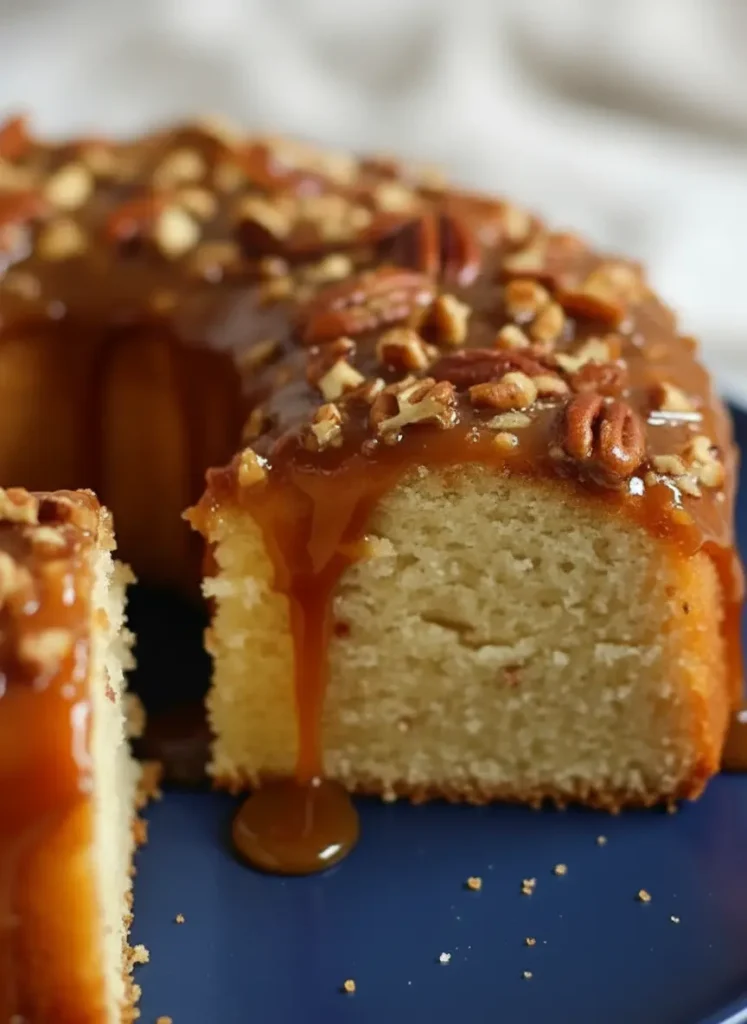 Butter Pecan Praline Poke Cake Recipe - Ingredients laid out: a bowl of toasted chopped pecans, sticks of butter, brown sugar, a can of sweetened condensed milk, and a box of yellow cake mix, all neatly arranged on a marble countertop with a fresh sprig of rosemary in the background and soft morning light. (3:4 ratio)