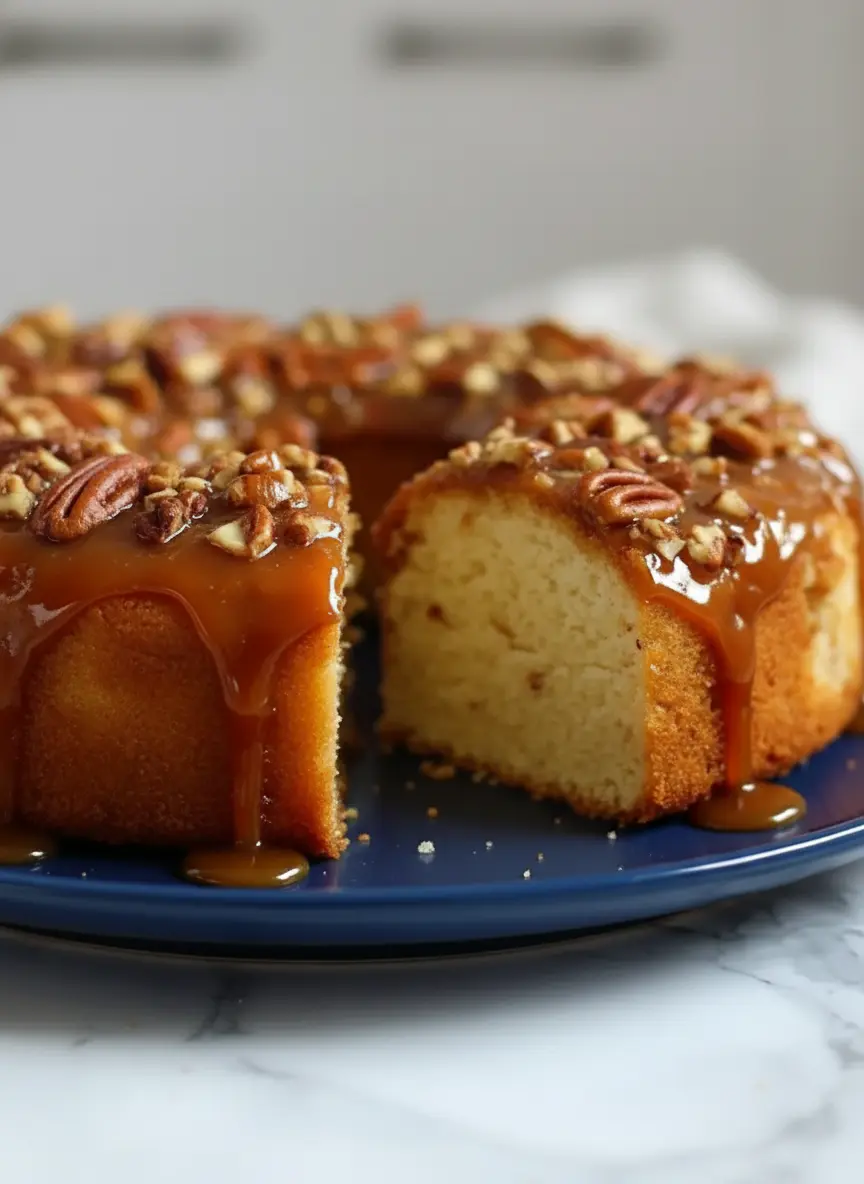 A close-up shot of a golden-brown poke cake, still in its pan, with a wooden spoon handle gently creating holes across its surface, revealing the soft interior. A stream of rich, amber caramel praline sauce is being poured slowly over the cake, beginning to seep into the freshly poked holes. Natural morning light, marble countertop, soft shadows. (3:4 ratio)