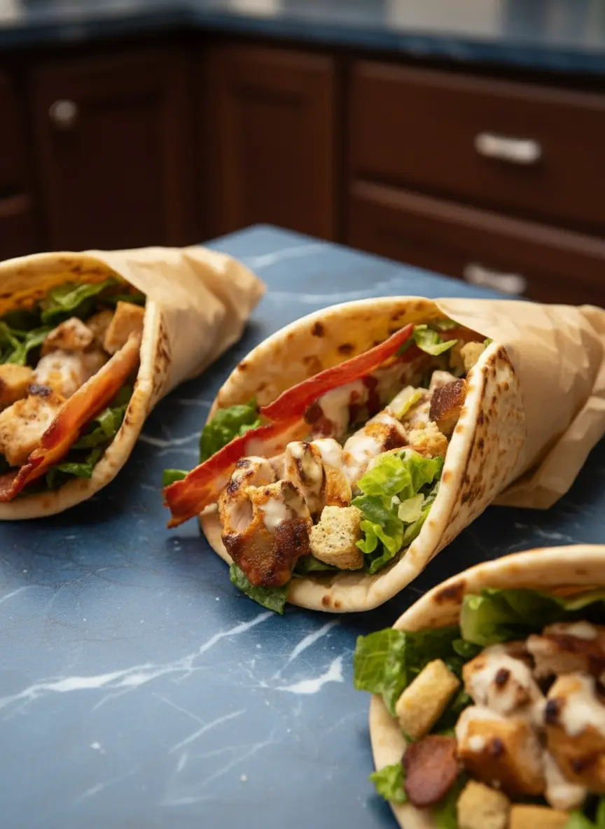 A warm, soft flatbread partially spread with creamy Caesar dressing on a marble countertop, with a small portion of crisp romaine lettuce and diced grilled chicken starting to be layered on top, near a wooden cutting board. Natural morning light, soft shadows, warm tones, clean and tidy presentation. No hands or people.