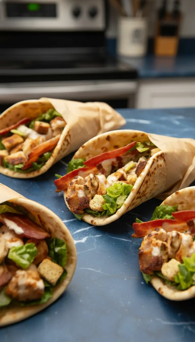 A close-up, angled shot of one fully assembled Chicken Caesar Flatbread, showing the texture of the warm flatbread, the vibrant green of the romaine, the golden-brown bits of grilled chicken and croutons, and the smooth, creamy Caesar dressing peeking out. It is wrapped in parchment paper, resting on a minimalist white plate on a marble countertop. Natural morning light creates inviting soft shadows and warm tones. No hands or people.