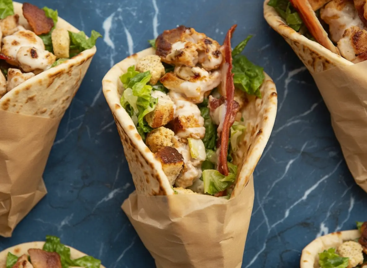 A hero shot of two Chicken Caesar Flatbreads, cut in half to show the cross-section of juicy grilled chicken pieces, crisp romaine lettuce, golden croutons, and crumbled bacon, all drizzled with creamy Caesar dressing and wrapped in soft, warm flatbreads, resting on a sheet of crumpled parchment paper on a marble countertop. Natural morning light creates soft shadows, with a hint of a wooden cutting board in the warm-toned background. No hands or people.