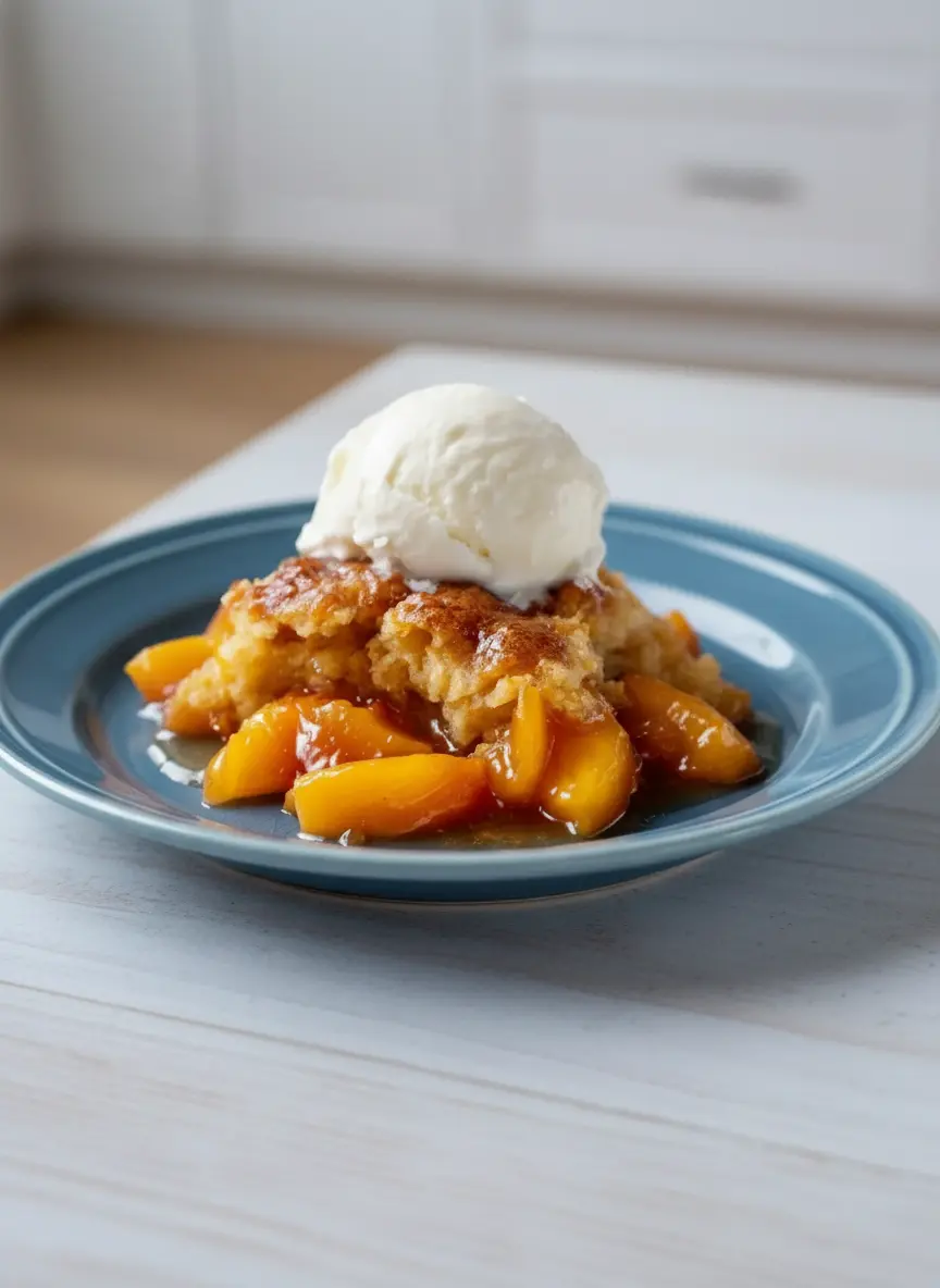 A wide, shallow ceramic bowl containing sliced peaches tossed with cinnamon and sugar, next to a separate bowl with the shaggy, crumbly dough topping mixture (flour, butter, sugar) on a marble countertop. Natural morning light, warm tones, and soft shadows. A wooden spoon rests nearby. No hands or people. Clean and tidy.
