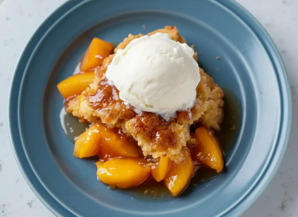 A close-up, inviting shot of a warm Cinnamon Peach Cobbler, featuring a golden-brown, rustic, crumbly topping and vibrant amber peach slices peeking through. A generous scoop of white vanilla bean ice cream sits melting gracefully on top, creating a luscious contrast. Served on a minimalist white plate, bathed in natural morning light on a light marble countertop with a subtle wood accent in the background. Soft shadows, warm tones, and a clean presentation. No hands or people.