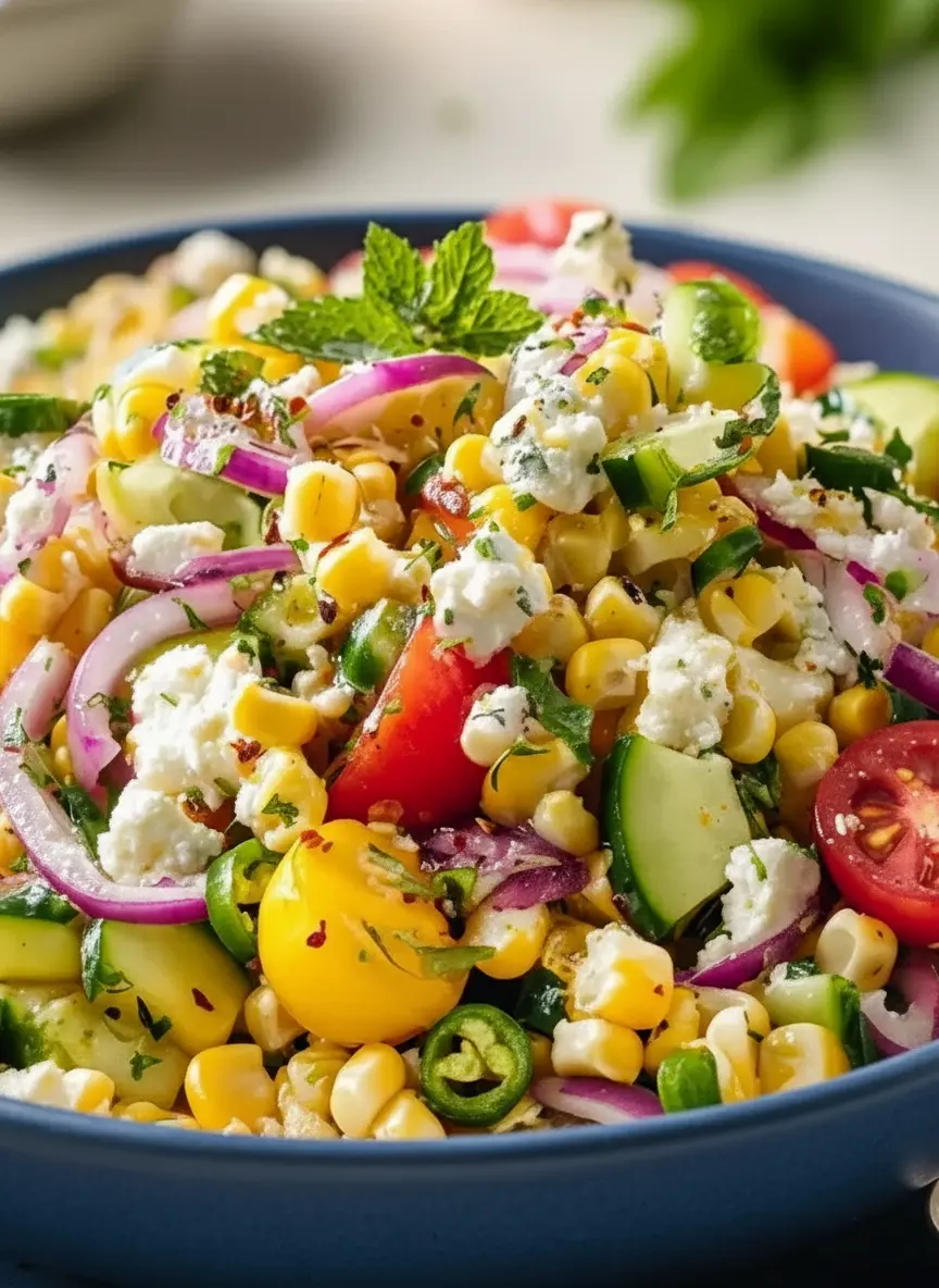 A still life of fresh, colorful ingredients for Classic Corn Salad neatly arranged on a rustic wooden cutting board on a light marble countertop, bathed in natural morning light. Includes bright yellow corn kernels (some still on the cob, some loose), vibrant red and yellow cherry tomatoes, a crisp green cucumber, a whole red onion, a fresh green jalapeño, a block of white feta cheese, and a bundle of fresh mint and cilantro. Clean and tidy presentation with soft shadows. (3:4 ratio)