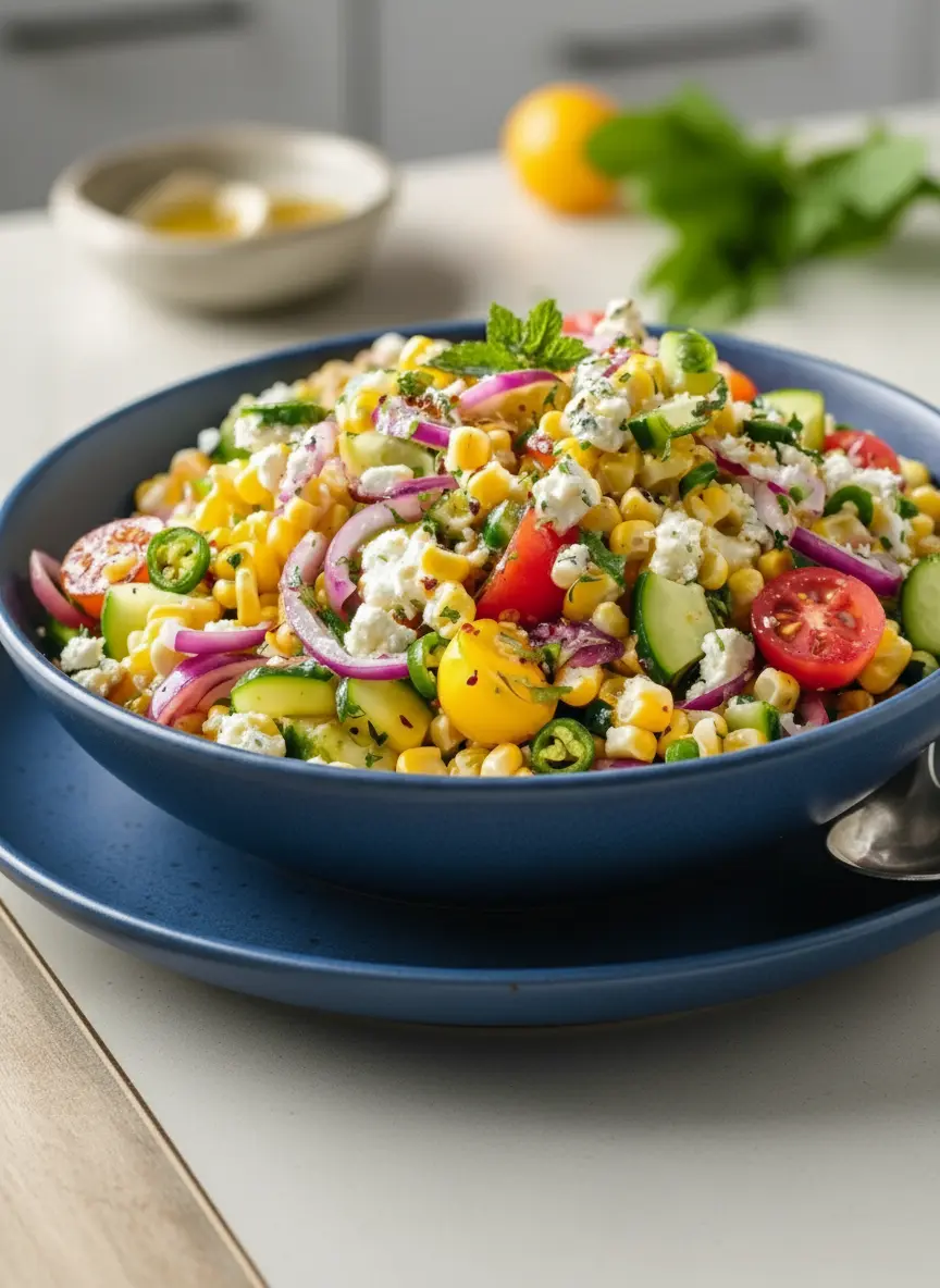A close-up shot of the process of mixing Classic Corn Salad in a large white ceramic mixing bowl. The image shows the vibrant charred corn kernels, diced cucumber, halved cherry tomatoes, thin red onion slices, and crumbled white feta being gently tossed with a clear, zesty lime dressing, with fresh green herbs just starting to be incorporated. The bowl is on a marble countertop under natural light, showcasing the texture and freshness. (3:4 ratio)