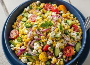 A vibrant Classic Corn Salad overflowing in a minimalist white ceramic bowl, showcasing charred yellow corn kernels, bright red and yellow halved cherry tomatoes, crisp green cucumber slices, thin purple red onion, delicate green jalapeño rings, generous crumbles of white feta cheese, and a garnish of fresh green mint leaves. The bowl sits on a rustic wooden board on a light marble countertop, bathed in natural morning light from an east window, with soft shadows and warm tones. The background includes blurred fresh herbs and a tidy kitchen setting. (4:3 ratio)