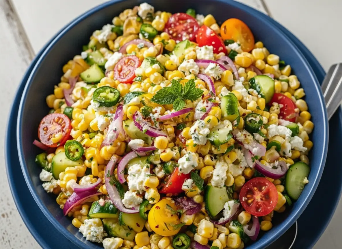 A vibrant Classic Corn Salad overflowing in a minimalist white ceramic bowl, showcasing charred yellow corn kernels, bright red and yellow halved cherry tomatoes, crisp green cucumber slices, thin purple red onion, delicate green jalapeño rings, generous crumbles of white feta cheese, and a garnish of fresh green mint leaves. The bowl sits on a rustic wooden board on a light marble countertop, bathed in natural morning light from an east window, with soft shadows and warm tones. The background includes blurred fresh herbs and a tidy kitchen setting. (4:3 ratio)