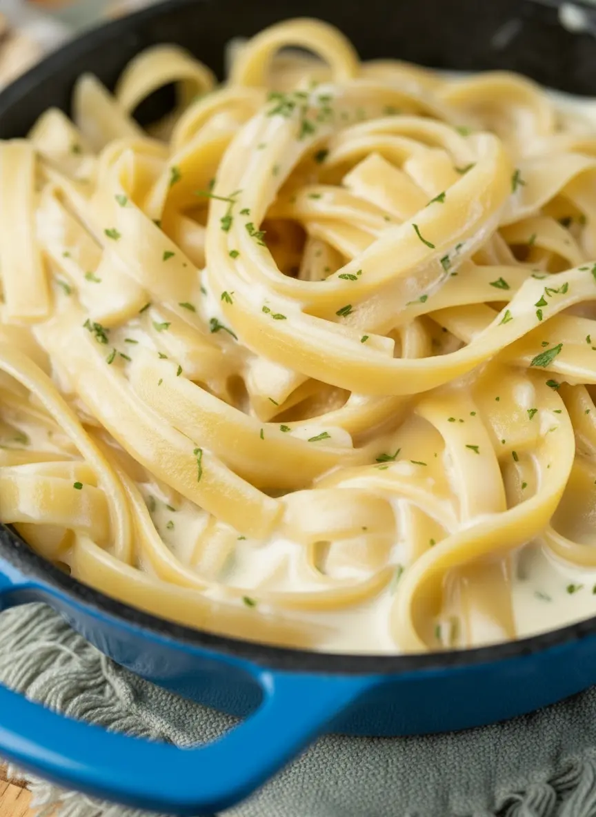 Ingredients laid out for Fettuccine Alfredo: A block of high-quality Parmigiano-Reggiano, a stick of unsalted butter, a carton of heavy cream, fresh garlic cloves, and fresh parsley sprigs arranged neatly on a wooden cutting board on marble countertops. Natural morning light creates soft shadows. Clean and tidy presentation. 3:4 ratio.