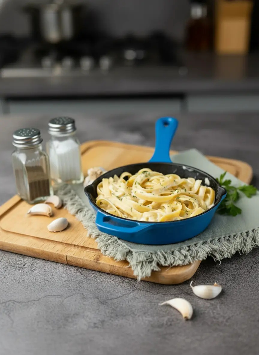 A process shot showing Fettuccine pasta being tossed with a creamy white Alfredo sauce in an orange-handled black cast iron skillet. Steam gently rises from the dish. The background features a wooden cutting board and blurred fresh herbs on marble countertops. Natural morning light, warm tones. No hands. 3:4 ratio.