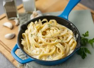 A hero shot of creamy Fettuccine Alfredo, garnished with fresh chopped parsley, served in an orange-handled black cast iron skillet. The skillet rests on a rustic wooden cutting board, with a gray fringed linen napkin peeking out. Fresh garlic cloves, whole parsley sprigs, and subtle salt and pepper shakers are artfully blurred in the background on marble countertops, bathed in natural morning light. Soft shadows, warm tones, clean and tidy presentation. 4:3 ratio.